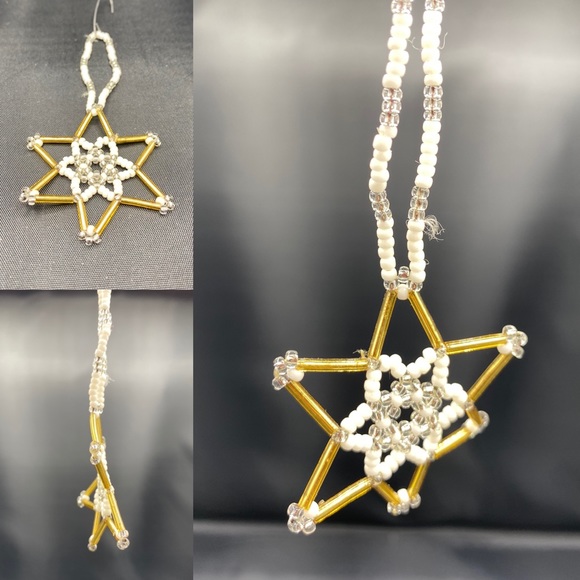2 Antique Czech Gablonz Beaded Star + Snowflake Christmas Ornament Vtg Norway - Picture 8 of 16